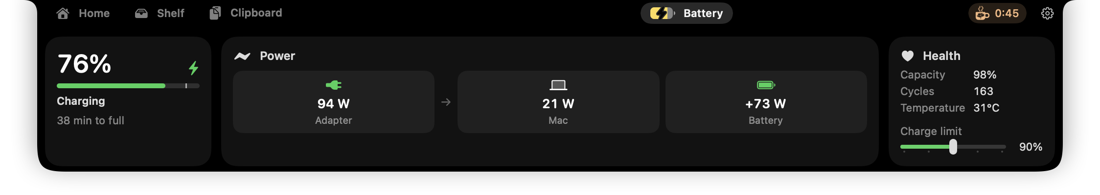 The battery in the notch: charge, power and health