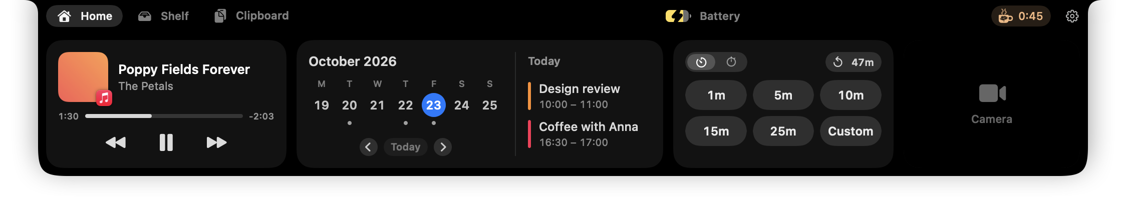 The open notch: what's playing, your week, a timer and the camera