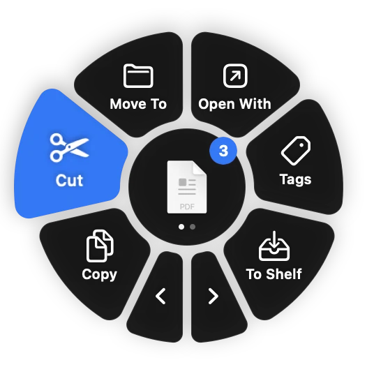 The clipboard wheel around three dragged PDF files, with Cut highlighted